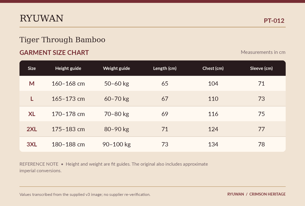 PT-012 garment size chart in English, source v3
