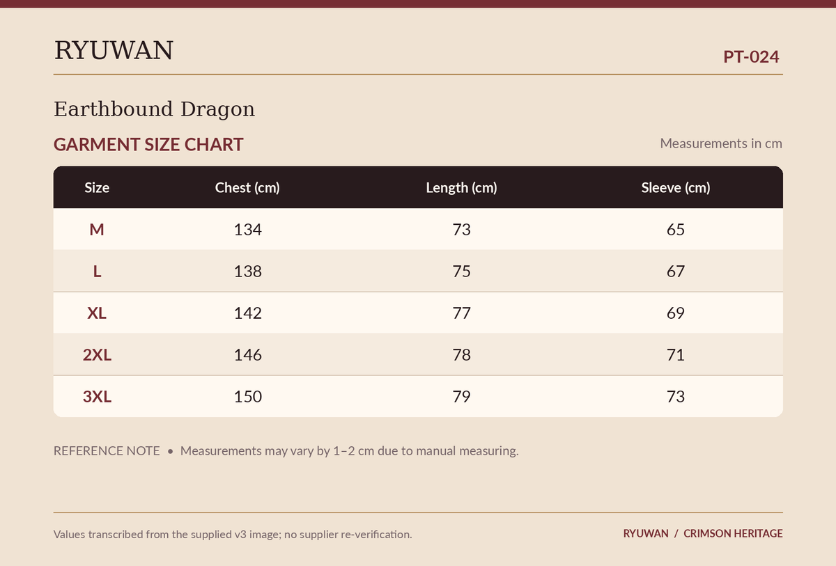 PT-024 garment measurements in English