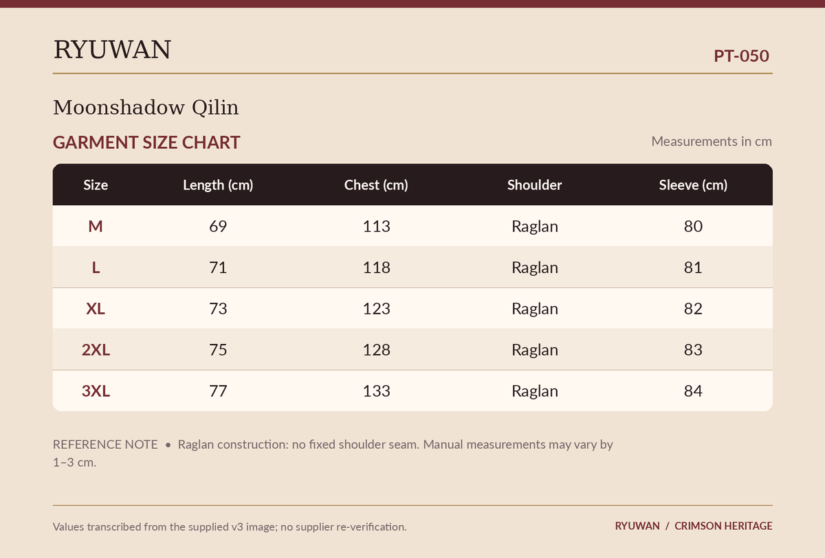 PT-050 garment measurements in English