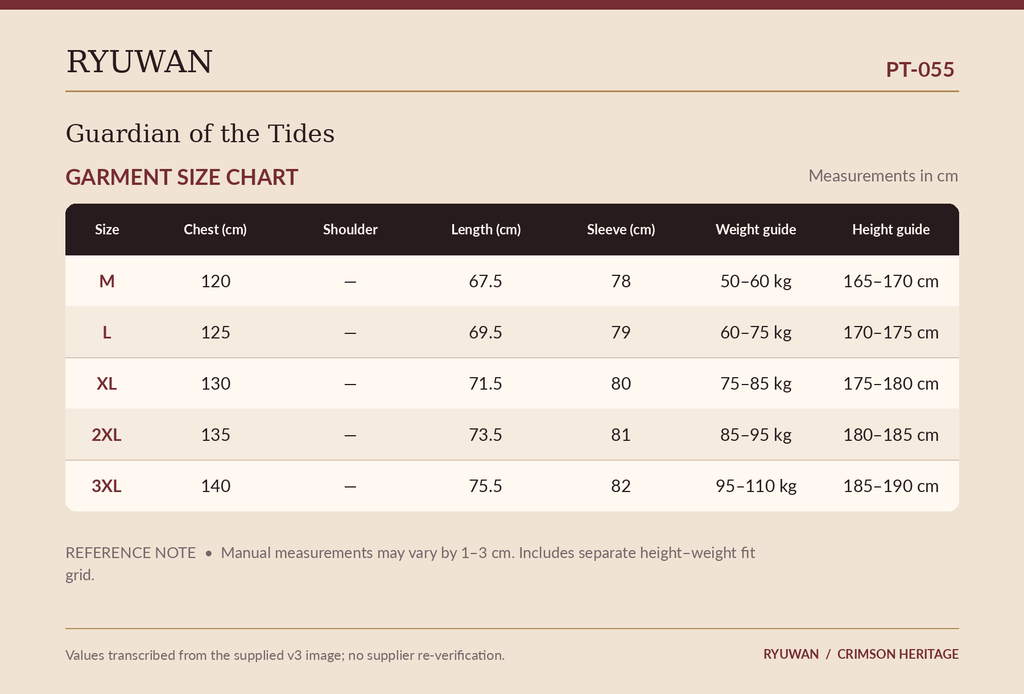 PT-055 garment measurements in English