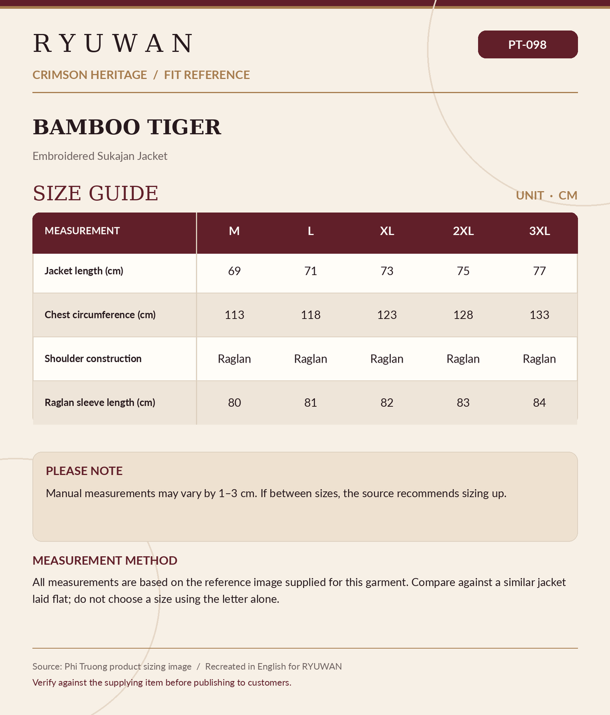Bamboo Tiger English garment size chart, sourced from Phi Truong