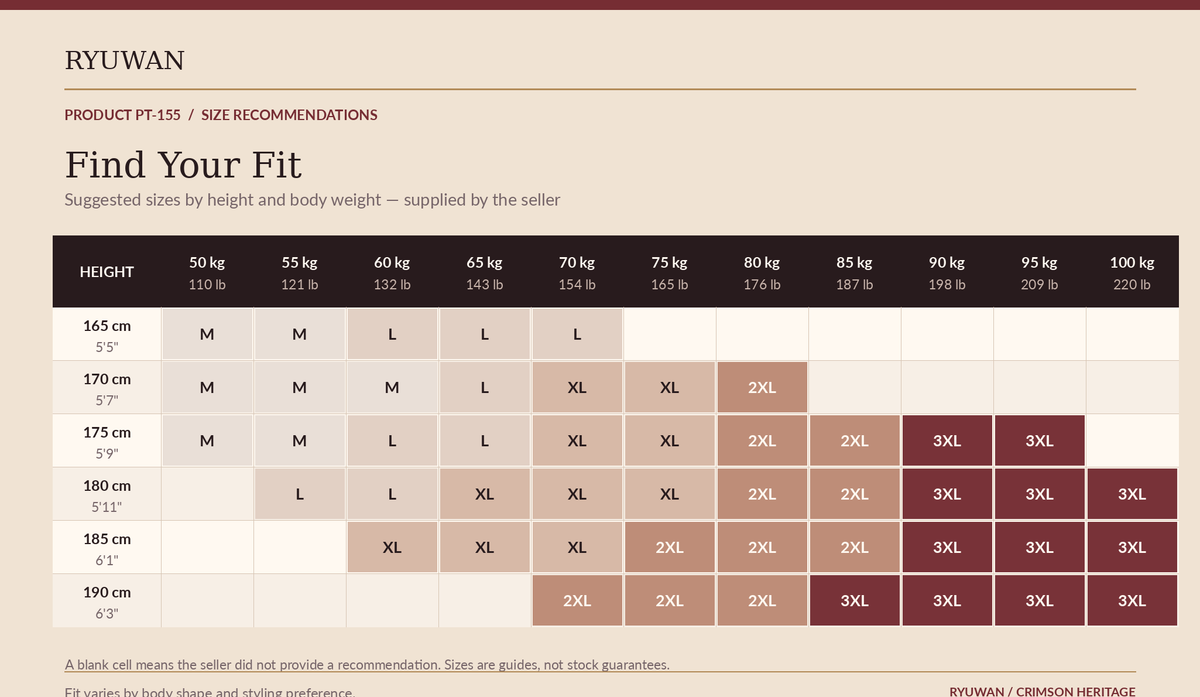 PT-155 recommended fit by height and weight, English size guide