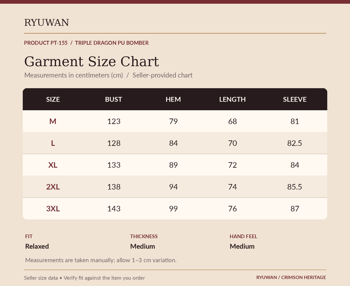 PT-155 Triple Dragon bomber garment size chart in centimeters