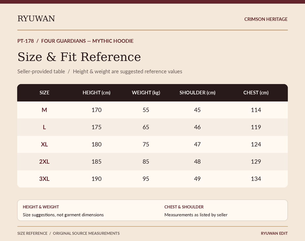PT-178 English sizing information based on supplier screenshot