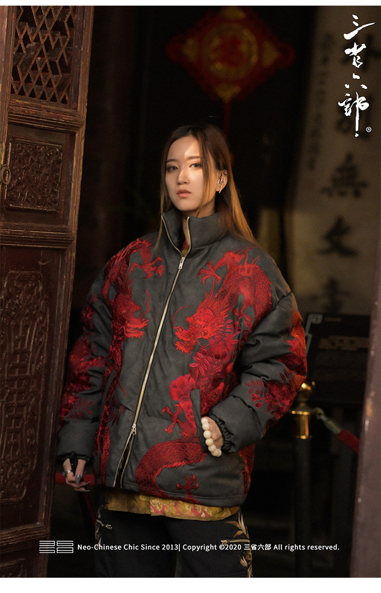 PT019_RED_05 — Red Dragon jacket worn by model, front view