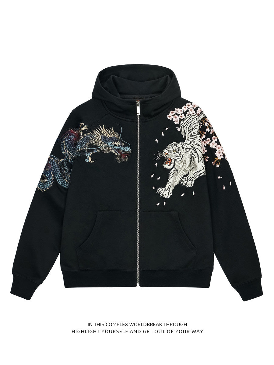 PT-178 authentic Black full front showing embroidered tiger and dragon