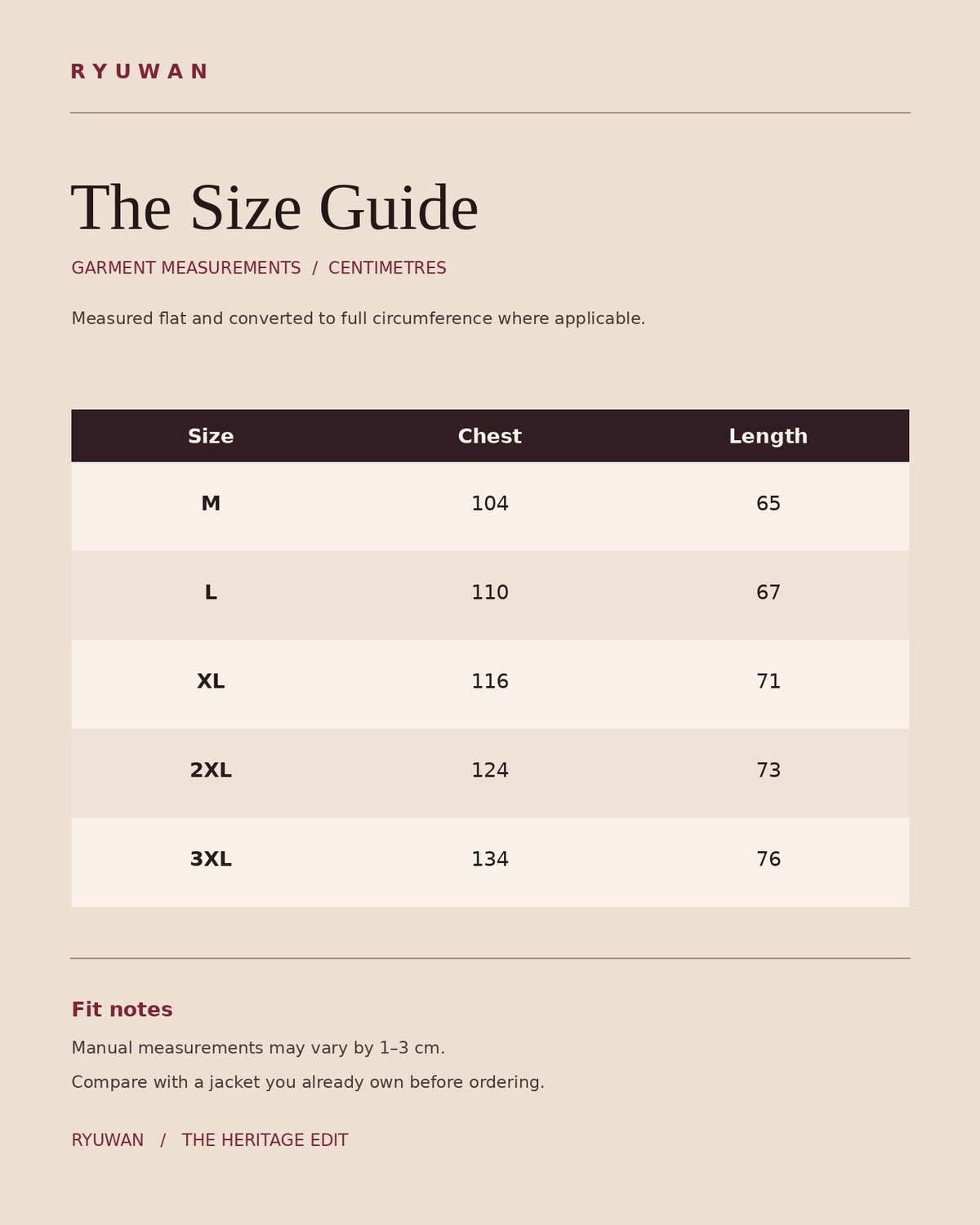 The Celestial Duel size chart — garment cm