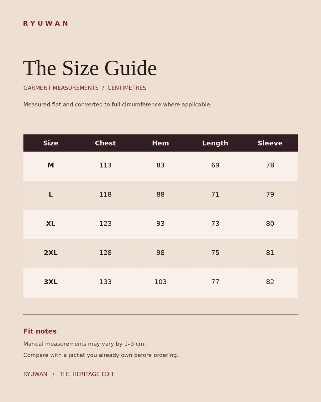 Crimson Assembly — size guide