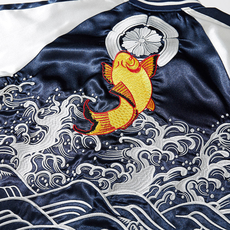 PT-054 Tidebreaker Navy/Cream koi embroidery detail
