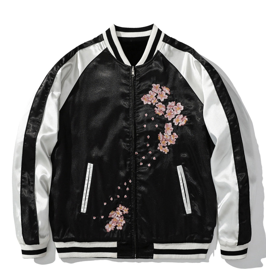 PT-057 Flying Dragonfish 6102 authentic front — black and ivory satin with cherry blossom embroidery