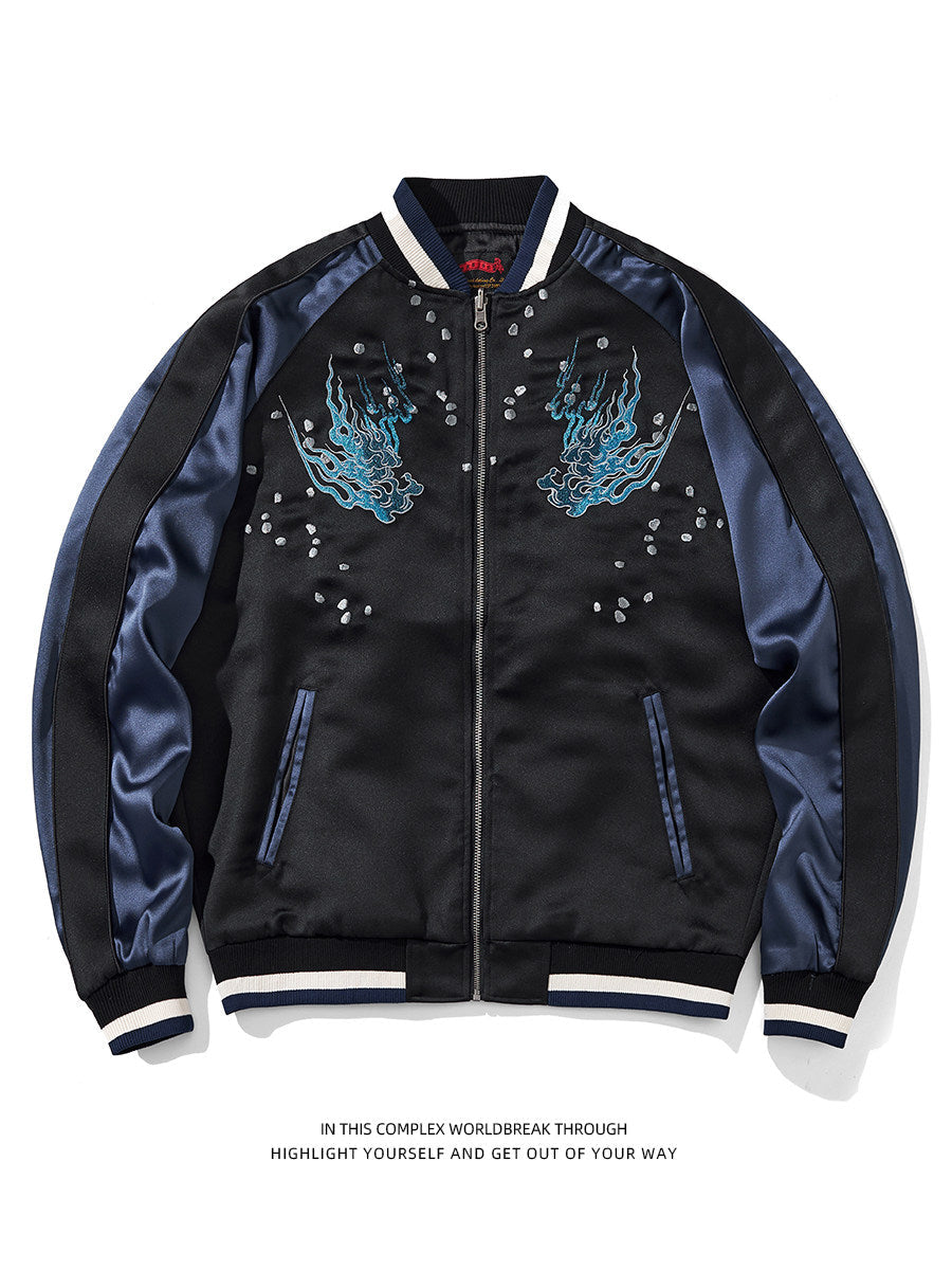 PT-061 genuine Taobao Navy blue flame embroidered full front