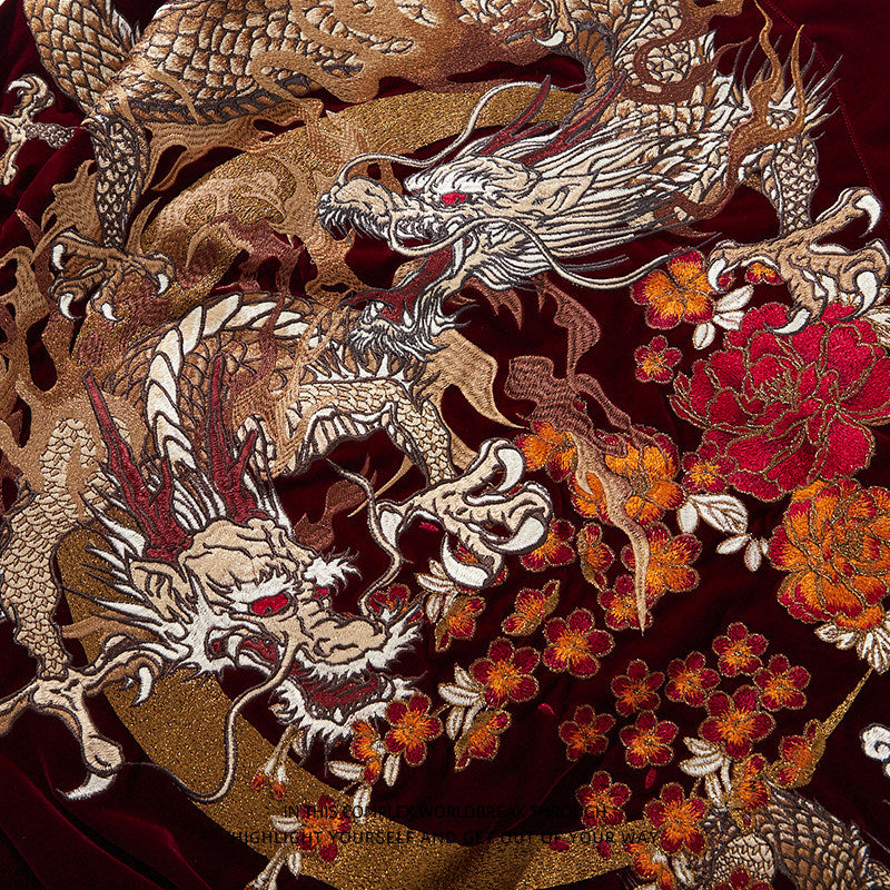 PT-110 Crimson Red real Taobao large dragon and flowers embroidery detail