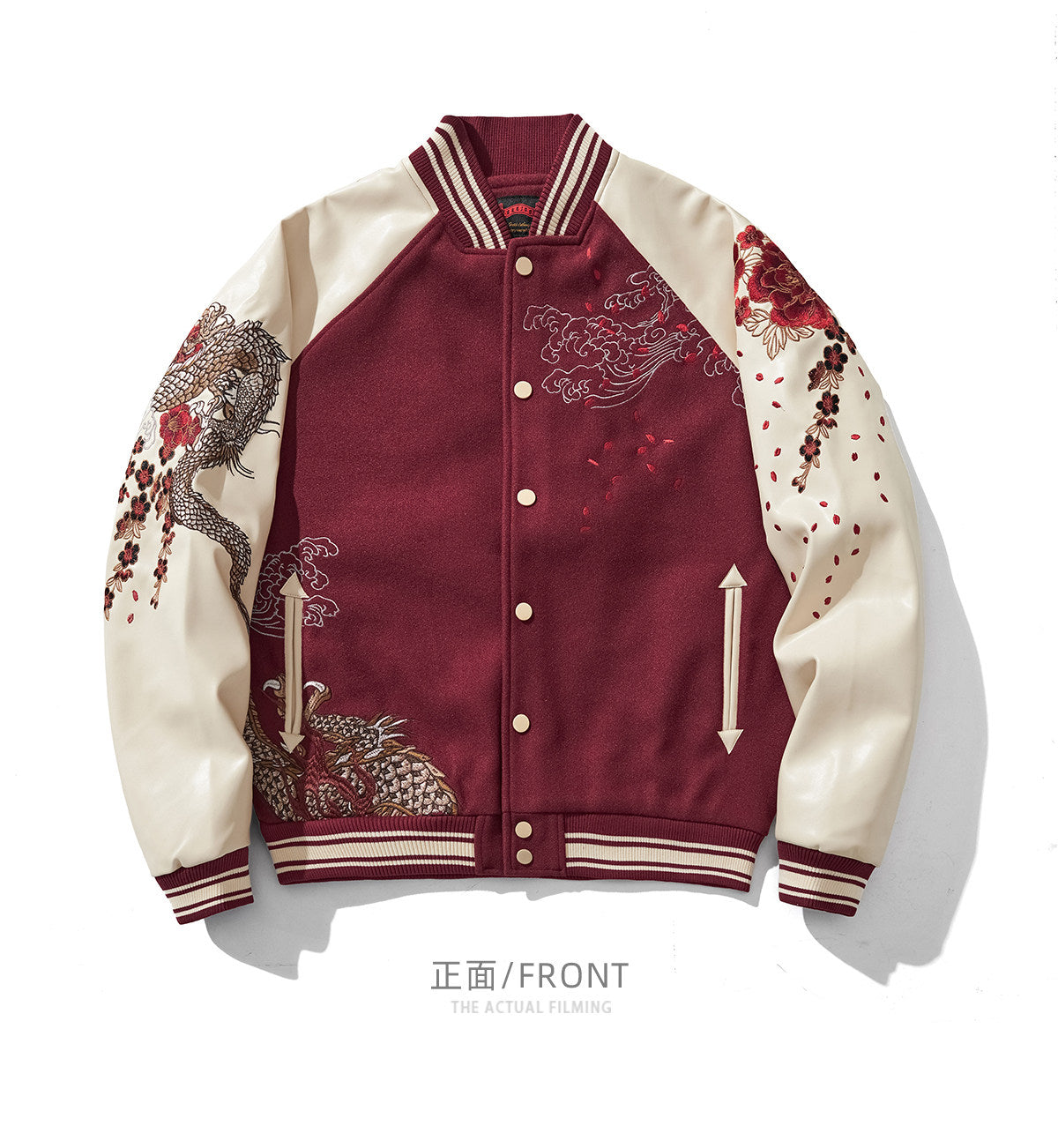PT-118 Taobao supplier true Wine Red front, cream sleeves and embroidered dragon